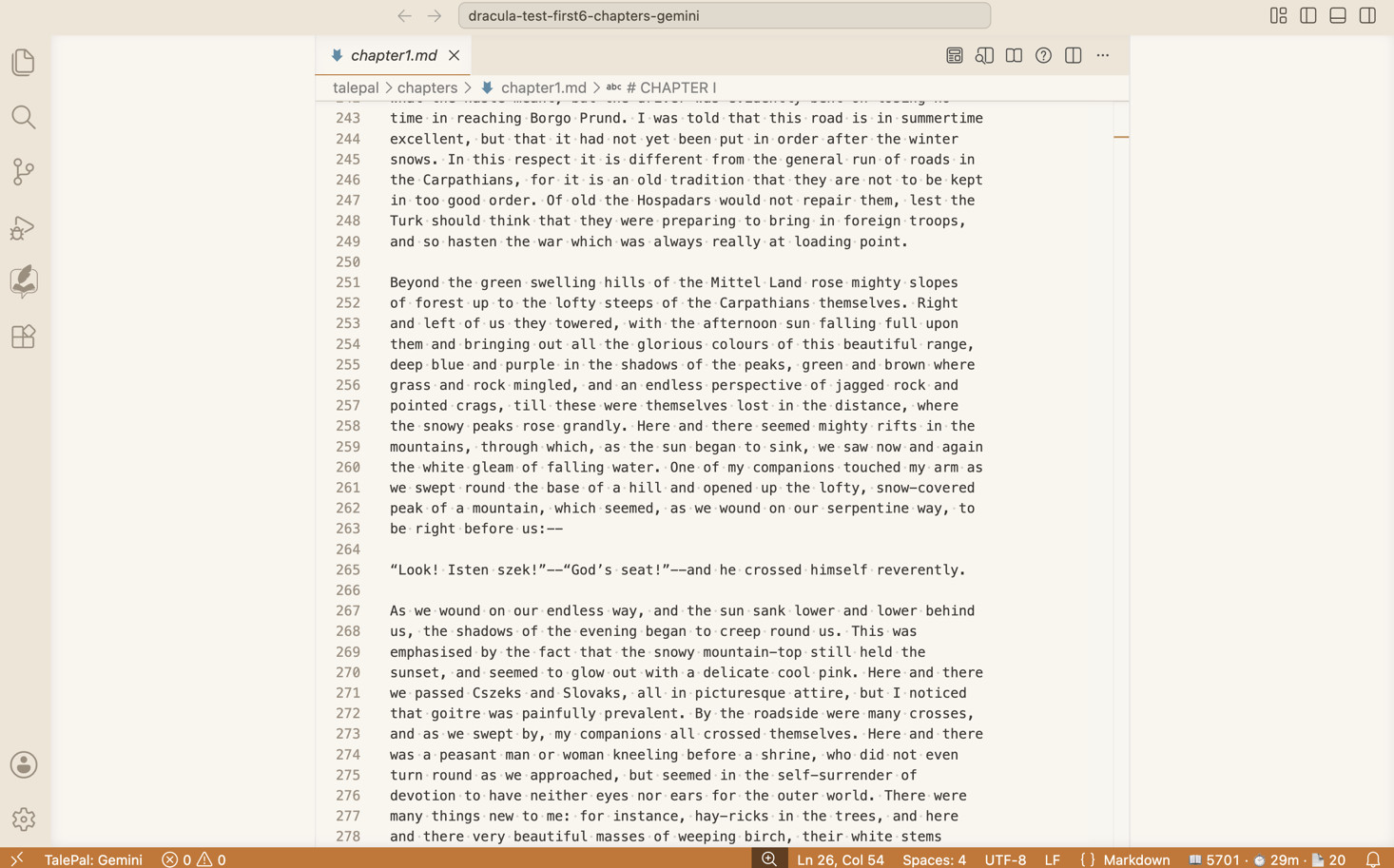 TalePal focus mode — chapter1.md filling the editor, no sidebars